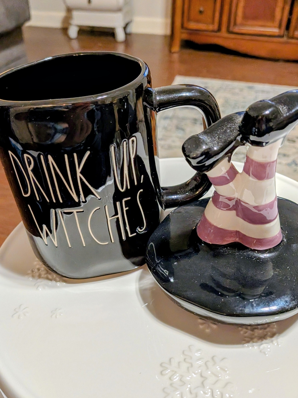Rae Dunn Drink Up Witches Halloween Mug Witches Legs Lid Black Purple - Picture 10 of 10